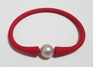 Unisex Red Silicon Rubber Bracelet Purple Pearl Stainless Steel Post 7.5" - Picture 1 of 5
