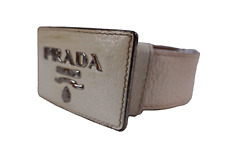 Prada Women's Gold Leather Belt Size 80/32 Spellout Buckle Casual Italy  Textured