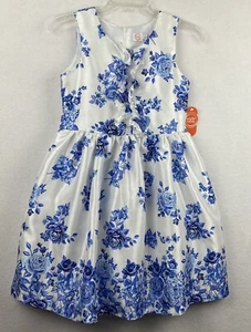 Girl's White Sleeveless Dress Size 12 Blue Roses Shantung Silk Layered Party - Picture 1 of 10