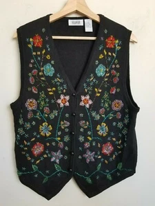 Sostanza Black Vest Floral Multi Beaded Design V-Neck Buttons Size L - Picture 1 of 7