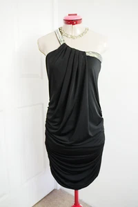 A JOY Black 'Beaded' Mini DRESS Size 8 One-Shoulder Pleated Cocktail Party - Picture 1 of 6