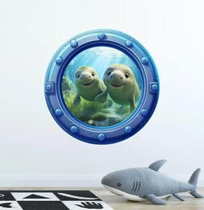 Friendly Manatees Cartoon Porthole 3D Window Wall Decal Removable Wall Sticker - Picture 1 of 6