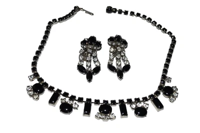 Vintage 2 Pc Black Glass White Rhinestone Choker Necklace and Drop Clip Earrings - Image 1 of 4