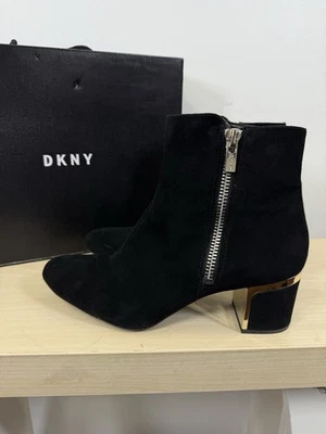 DKNY Ankle Boots Womens 11 Black Suede Crosbi Gold Zip Booties - Image 1 of 4