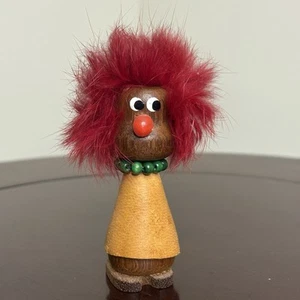 Wooden Troll Doll Leather Dress Red Nose & Hair Green Necklace 4" Tall Teak Wood - Picture 1 of 9