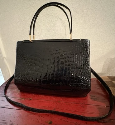 Bolso Bandolera Judith Leiber Piel de Caimán Negro Dorado Clásico Doble Asa Foto 1 de 4