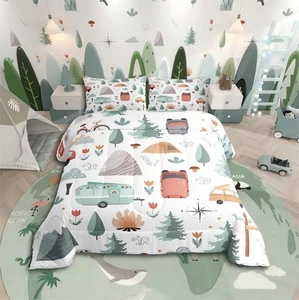 Kids Camper Theme Comforter Set Twin 2Pcs, Happy Camping Bedding Set, Travel ... - Picture 1 of 6