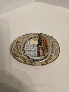 VINTAGE 1985 FUR RENDEZVOUS ANCHORAGE ALASKA 50TH ANN COMMEMORATIVE BELT BUCKLE - Picture 1 of 3