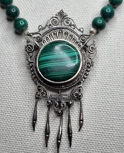 Vtg 925 Sterling Silver Round Malachite Stone Dangle Pendant Necklace Knotted - Picture 1 of 6
