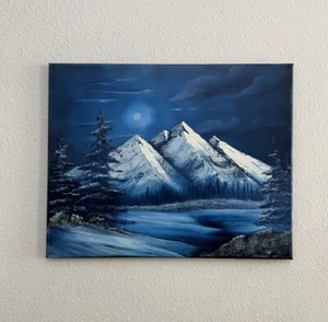 Blue Night Moon Mountain Landscape Oil Painting On Canvas Bob Ross Style 16x20in - Picture 1 of 6