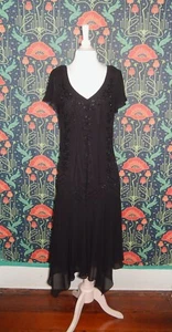 Vintage 90's Y2K Black Beaded Flapper Pointy Hem Whimsigoth Fairycore Midi Dress - Picture 1 of 6