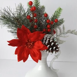 Teixeira White Vase with Handle Holiday Artificial Floral Arrangement Pine Cone - Picture 1 of 10