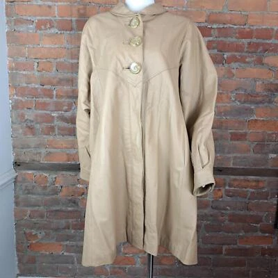 Vintage Leather Coat Full Length Tan Big Retro Buttons 1980s Size L - Image 1 of 4