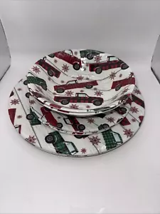 Robert Stanley Melamine Christmas Plaid Trucks Set Of 2 Dinner Plates & Bowls - Picture 1 of 6