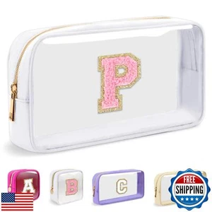 Small Clear Personalized Initial Makeup Bag, Preppy Nylon A-Z Chenille Letter - Picture 1 of 5