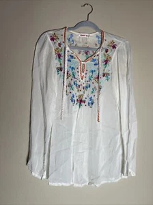 Johnny Was Size Small Embroidered  Floral Tunic Peasant Blouse White - Picture 1 of 9