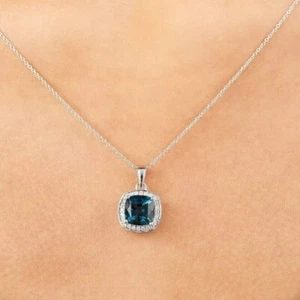 2Ct Cushion Cut Simulated London Blue Topaz Halo Pendant 14K White Gold Plated - Picture 1 of 4