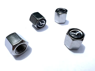 Mazda  Black Logo Tire Valve Caps - Universal Fit - White Aluminum -Sets of 4 - Image 1 of 2