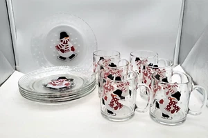 Crate & Barrel Snowman Glass Plates & Mugs Set of 12 (6 plates & 6 Mugs) - Picture 1 of 6