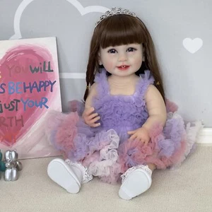 Muñeca bebé renacida 22 pulgadas cuerpo completo vinilo niño sonriente niña vestido púrpura regalo de Navidad - Imagen 1 de 6