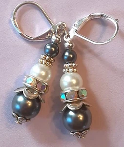 GREY & WHITE triple GLASS PEARL AB CRYSTAL earring SP LEVERBACK artisan XX - Picture 1 of 5