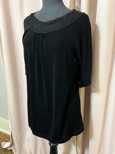 CHICOS Women's Size 1 Top Travelers Liquid Knit Black Top Crochet Lace Collar - Picture 1 of 10