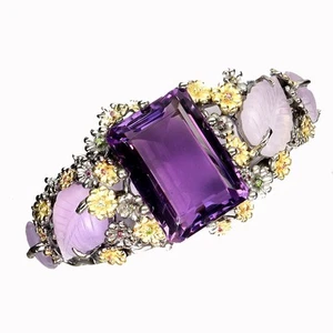 925 Sterling Silver Bangle Octagon Amethyst 43ct Garnet Leaf Carving Handmade ๐ - Picture 1 of 13