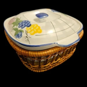 Omega Ceramic Covered Casserole Dish Basket Weave Rattan Holder Fruit Chipped - Picture 1 of 8