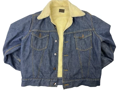Vintage 70s Roebucks Denim Sherpa Jacket Coat Mens 40R M Trucker Western Cowboy - Image 1 of 4
