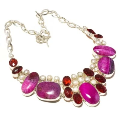 Collar llamativo hecho a mano de ágata rosa, cuarzo apatita rojo, perlas blancas Foto 1 de 4