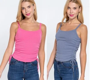 Women's Square Neck Cami Tank Top Side Ruched Solid Soft Stretch Knit Solid - Picture 1 of 10