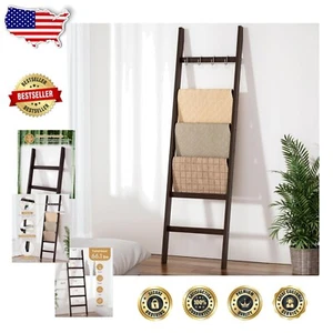 Multi-Functional Bamboo Ladder Shelf - 6-Tier with Hooks for Decor & Storage - Picture 1 of 10
