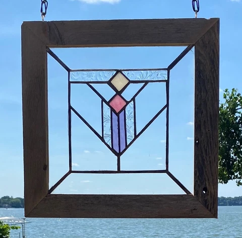 Mission Style Framed Stained Glass Window Pink/Tan/Textured Clear Cover