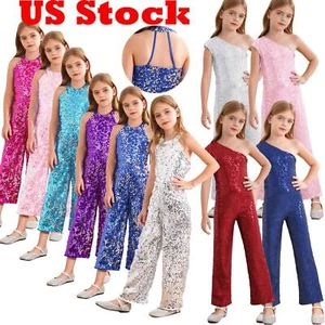 Kids Girls Shiny Sequins Jazz Latin Dance Jumpsuit Pageant Romper Long Pants - Picture 1 of 97