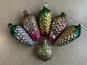 6 Large Soviet Glass Christmas Tree Toys Big Cones 16cm, Sun. Vintage USSR - Picture 1 of 18