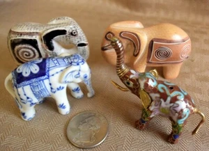 Lot 4 Vtg Collectible Elephant Mini Figurines-Carved Stone, Porcelain, Cloisonne - Picture 1 of 17