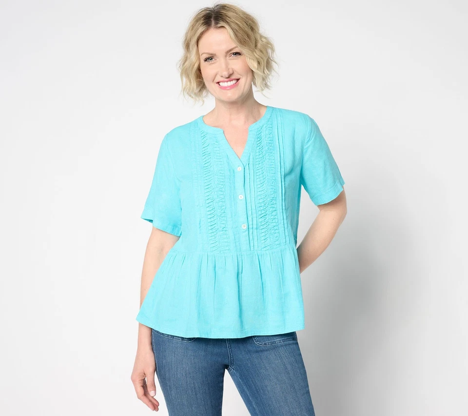 Blusa plissada Denim & Co. Naturals mistura de linho azul água transparente P nova - Imagem 1 de 1