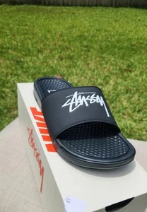 2020 NIKE x STUSSY ~EMBROIDERED LOGO~ BENASSI SLIDE 7~BLACK~ stock/basic/beach - Picture 1 of 8