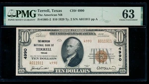 AC 1929 $10 American National Bank Terrell, Texas Ch #4990 PMG 63 - Picture 1 of 2