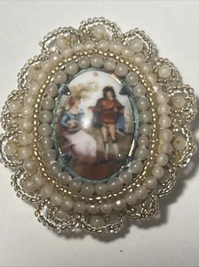 STUNNING Victorian Seed PEARL Brooch With Hand Painted Scene On Porcelain - Picture 1 of 8