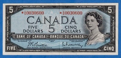 Canada $5 1954 BC-39bA / P-77b REPLACEMENT NOTE (Light Circulated) *V/S 0030600 - Image 1 of 3