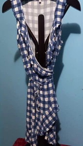 Charlotte Russe L Blue White Gingham Buffalo Check Front Wrap Dress Cottagecore - Picture 1 of 7