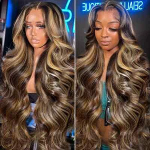 Colored Highlight Body Wave 13x6 HD Transparent Lace Front Human Hair Wigs Honey - Picture 1 of 13