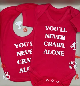 You’ll Never Crawl Alone Personalised Liverpool Novelty Baby Vest and Bib Set - Picture 1 of 23