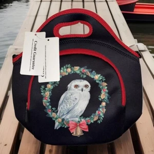 Hibala Neoprene Lunch Tote Bag Black Holiday White Owl Front Pocket Handles - Picture 1 of 8