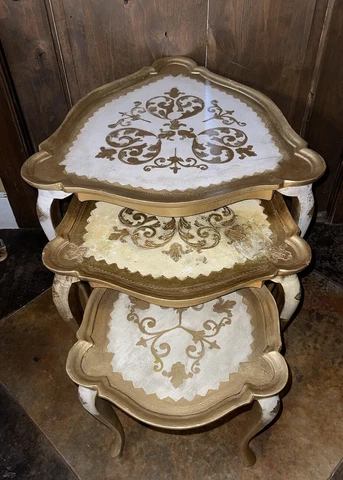 Vintage Triangular Florentine Italian Wood Nesting Tables Gold Hollywood Regency Cover