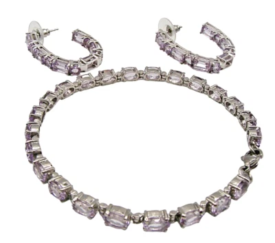 Earring and Bracelet Set Amethyst Purple Lavender Rhinestone Silver Plate Match - Image 1 of 4
