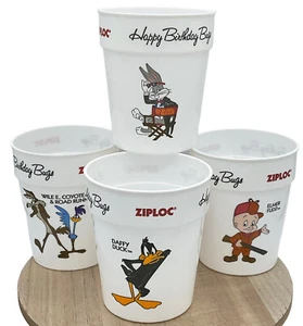 Vintage Cups Ziploc Happy Birthday Bugs Warner Bros Plastic Lot of 4 Elmer Fudd - Picture 1 of 5