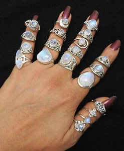 Lote al por mayor de anillos hippies gruesos de plata 925 con piedra lunar arco iris natural - Imagen 1 de 9