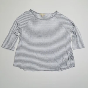 Michael Kors T-Shirt Top Womens XL Gray White Stripe 3/4 Sleeve Laced Pullover - Picture 1 of 12